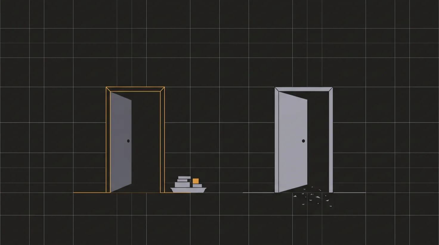 Two doorways side by side: the left one amber-framed with a small tray of neatly stacked items beside it, the right one grey with fragments scattered past its threshold and nothing kept.