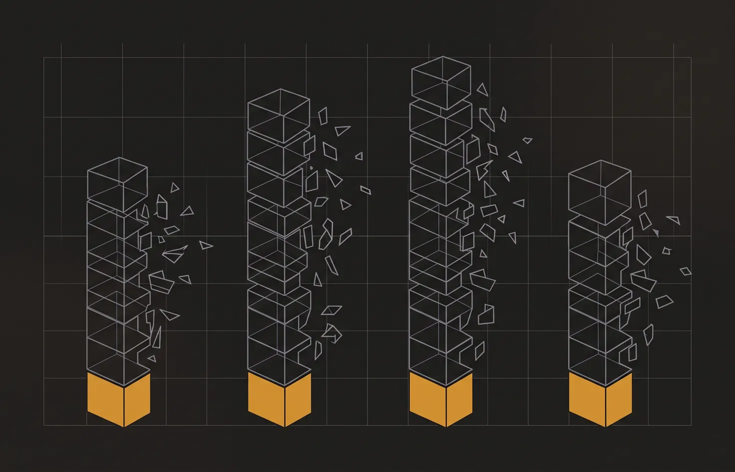 Four columns whose small solid bases remain while the much larger stacks above them dissolve into drifting fragments - the deliverable survives, the reasoning does not.