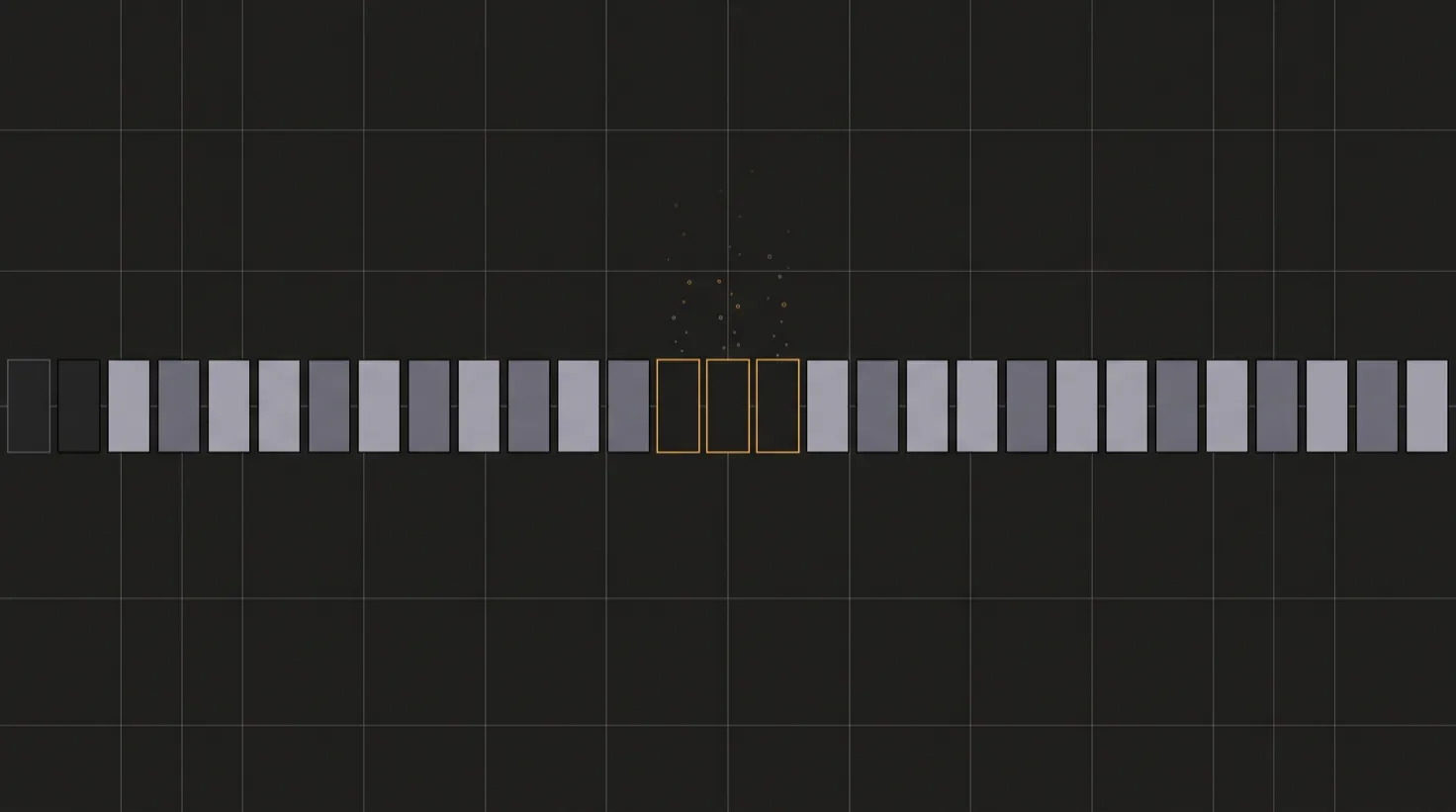 A long row of identical tiles; three near the centre have emptied to amber outlines, their contents drifting upward as particles and dissolving.