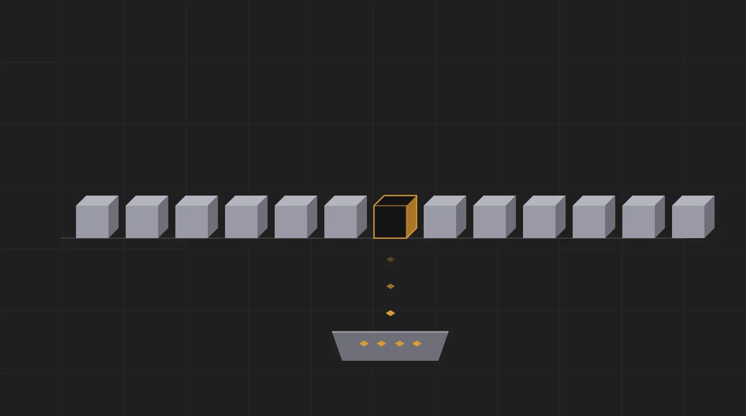 A row of cubes representing steps of work; one has opened and dropped a single amber shard into a tray beneath the row, which already holds a few, while the sequence continues uninterrupted.