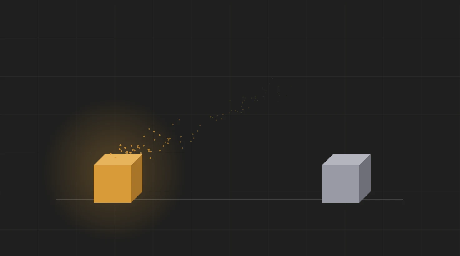 Two cubes far apart on a ground line; the left one glows amber and gives off particles that thin and fade as they drift toward the right one, which arrives cold and empty.